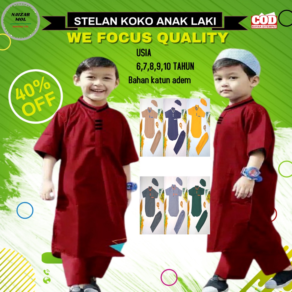 Koko anak muslim stelan pakistan kurta 6 7 8 9 10 tahun baju  celana peci lengan pendek terbaru 2024