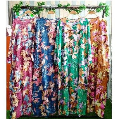 Gamis rayon viscos viscose motif daun monstera janda bolong jabol abstrak model susun bangkok busui