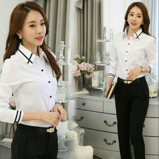 EXZ Baju kemeja kerja wanita putih | Baju kemeja korea | Baju kerja wanita putih | Baju kemeja Katun