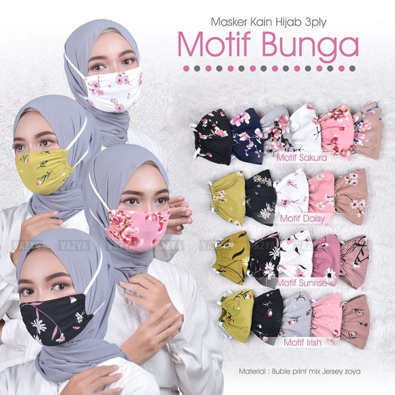 Masker Kain Hijab 3ply Motif Bunga