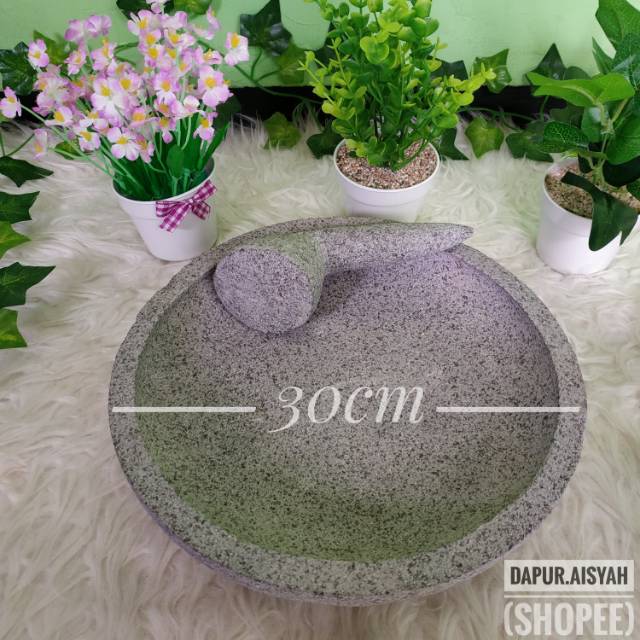 Cobek Batu Asli Ukuran 30 Cm, Bonus Ulekan Batu Batu Dijamin 100% Asli Kualitas Grade A