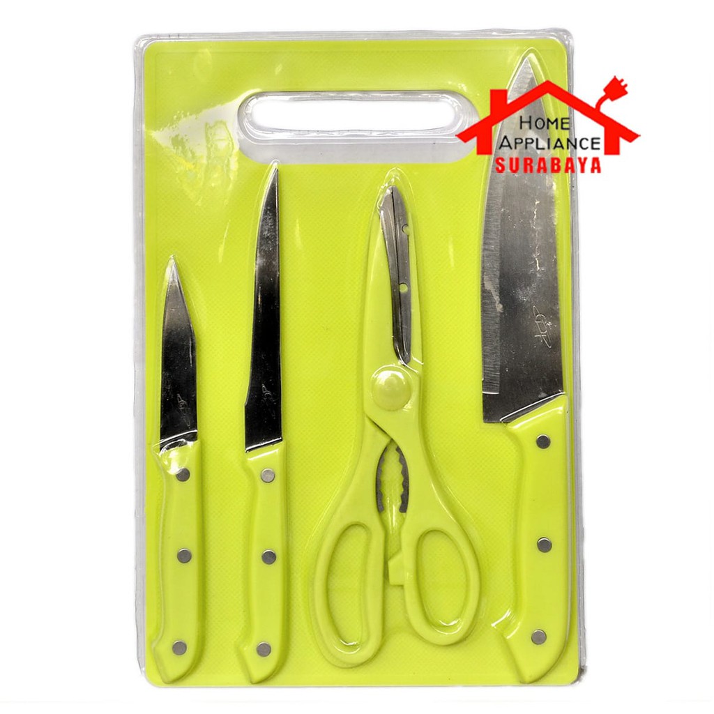Pisau Set Talenan / Telenan 5 Pcs Pisau Dapur Pisau Roti Pisau Daging Gunting Sayur - Q2 8005