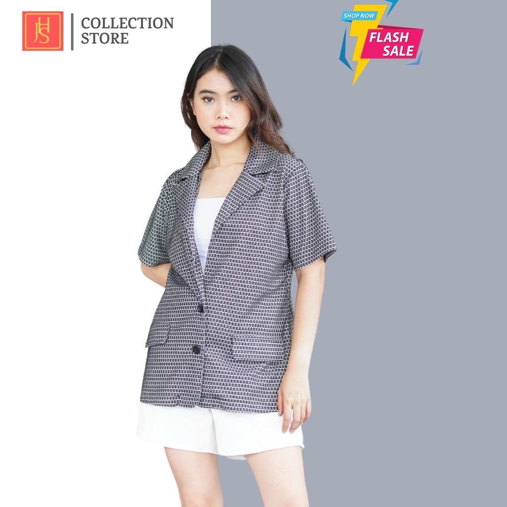 Blazer Blezer Wanita Korea Kerja Bleser Jas Kotak Kotak Formal Panjang Hitam Crop Wanita Korea JH62