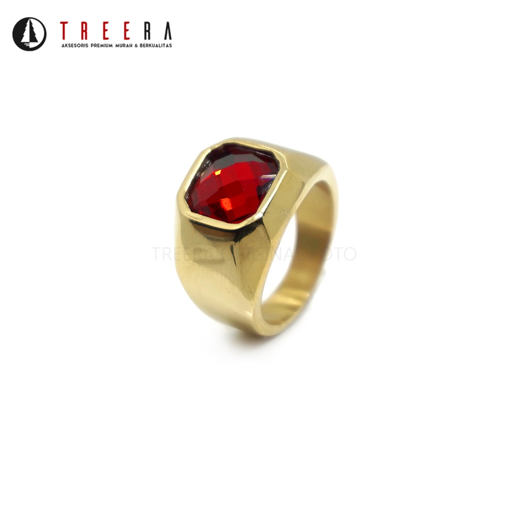 Treera - Cincin Titanium Pria Emas Gold Batu Merah Anti Luntur Original