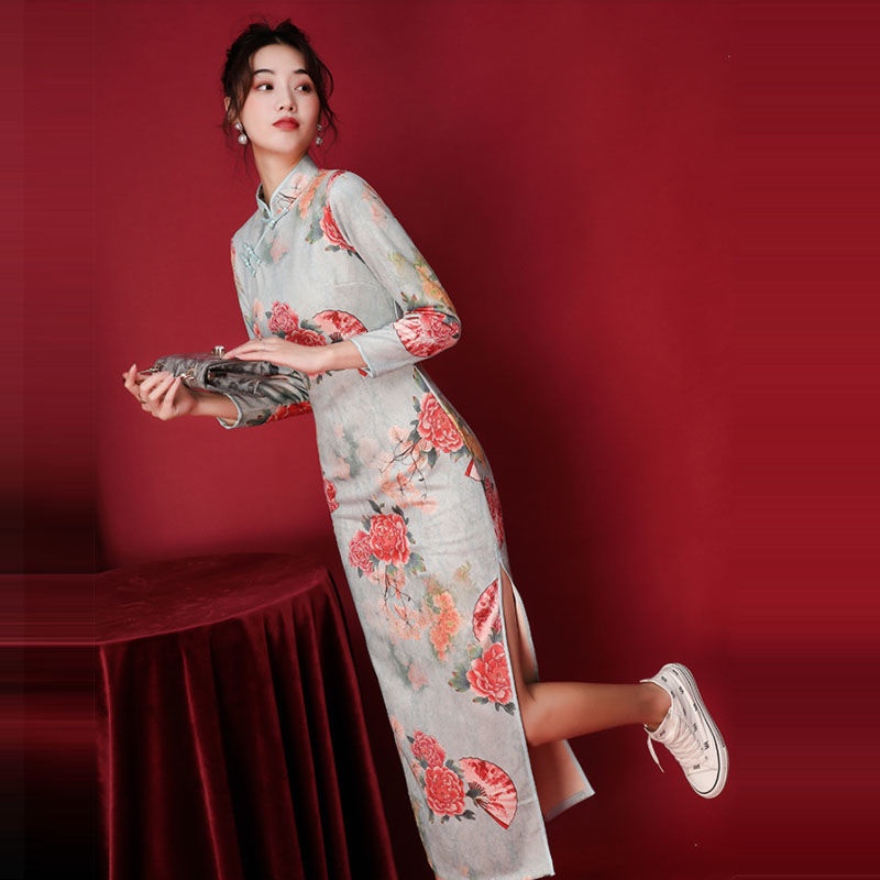 Improved new style cheongsam skirt 2022 spring new style long style Celebrity Slim improved cheongsa