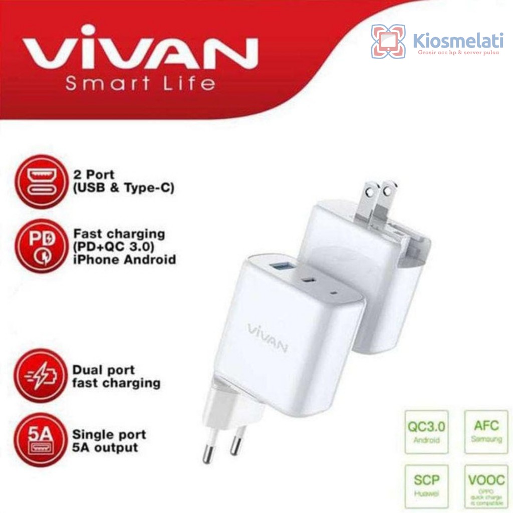 VIVAN Batok Charger Output USB & Type C45W 5A Quick Charger  Hp original Charger oppo charger Vivo