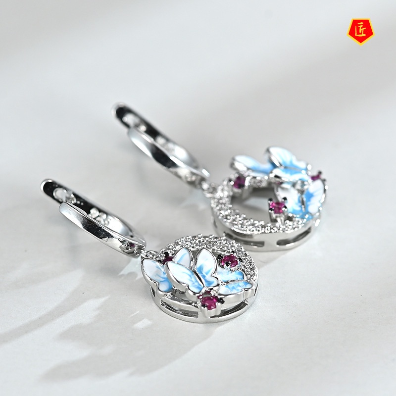 [Ready Stock]New Three Blue Butterfly Earrings Full of Diamonds Exquisite Luxury