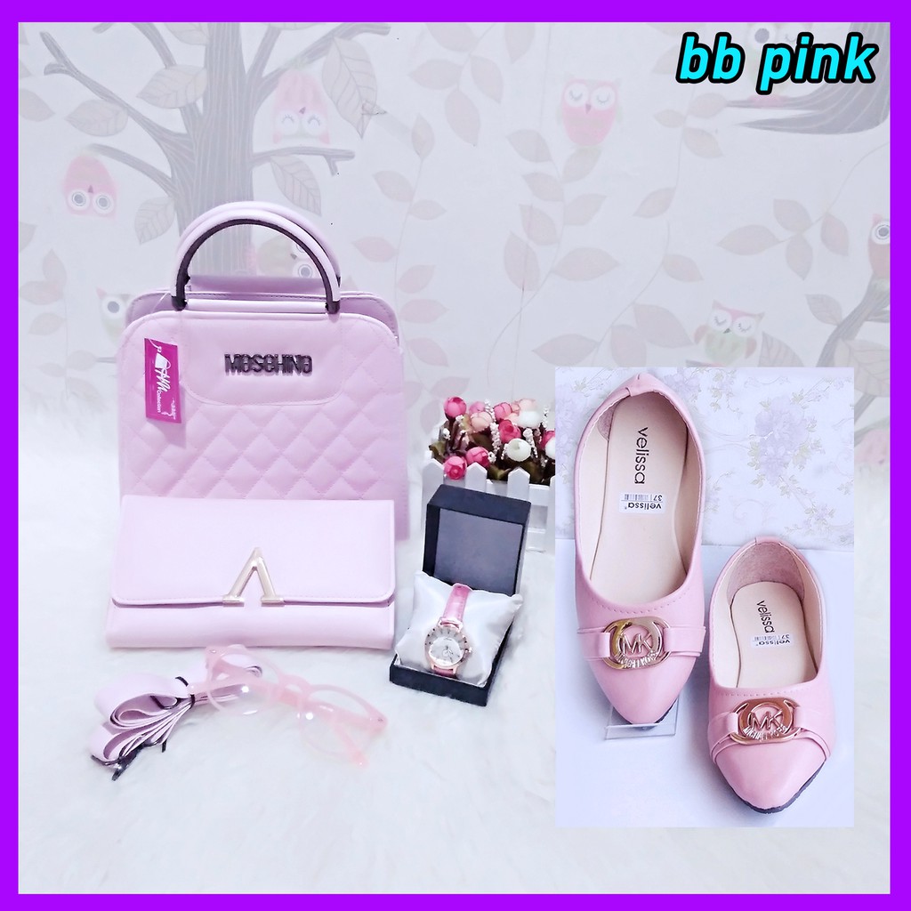 Tas Paket Komplit Murah Seserahan Nikah 5IN1 MOSCHINO BORDIR FLATSHOES Terbaru H067