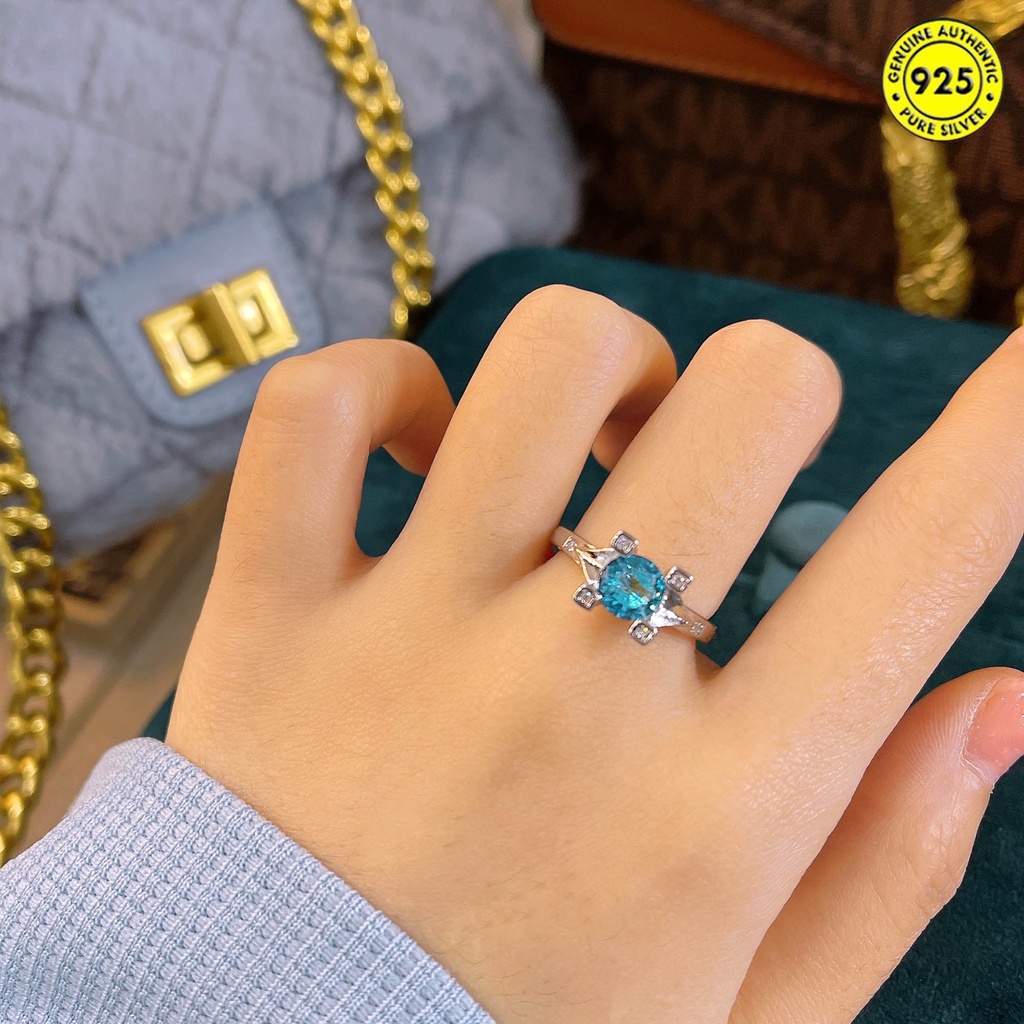 Cincin S925 Silver Model Terbuka Aksen Berlian Biru Laut