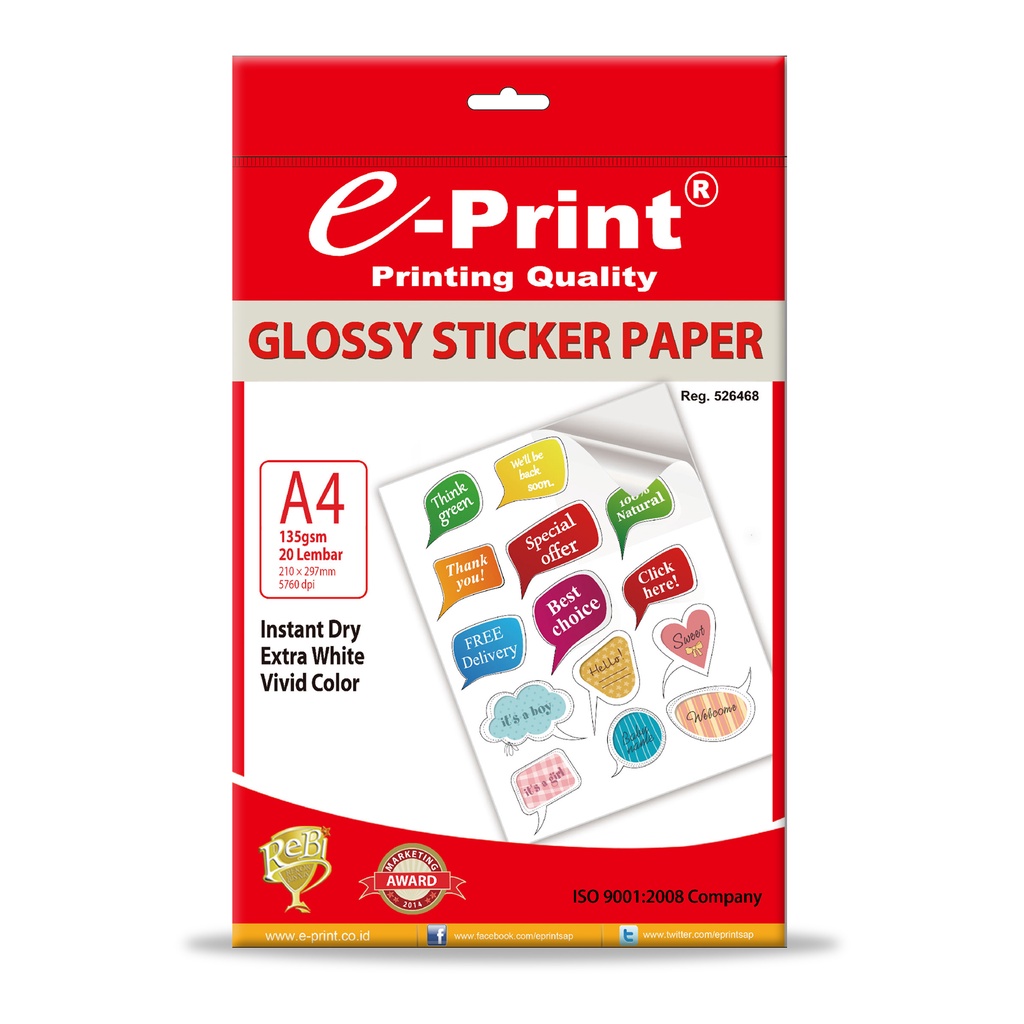 

E-Print Photo Paper/Kertas Foto/Cetak Foto Glossy Sticker Paper A4 135gsm - 20Sheets