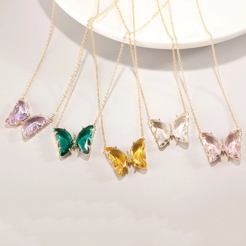 Korean Cute Butterfly Choker Necklaces / Crystal Glass Butterfly Pendant  Clavicle Chain Necklaces