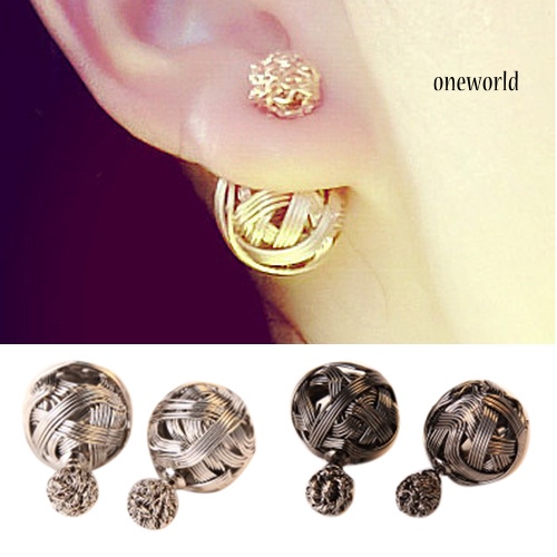 OW@ Women's Fashion Jewelry Double Sides Two Gold Plated Ball Hollowed Studs Earrings