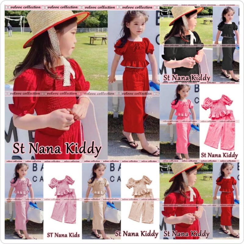 St Nana kids Setelan Chaca Kiddy Sabrina Kerut / Sabrina Serut Anak / Atasan Anak Perempuan / Blouse Korean Style + Celana denim setelan anak usia 3-5tahun