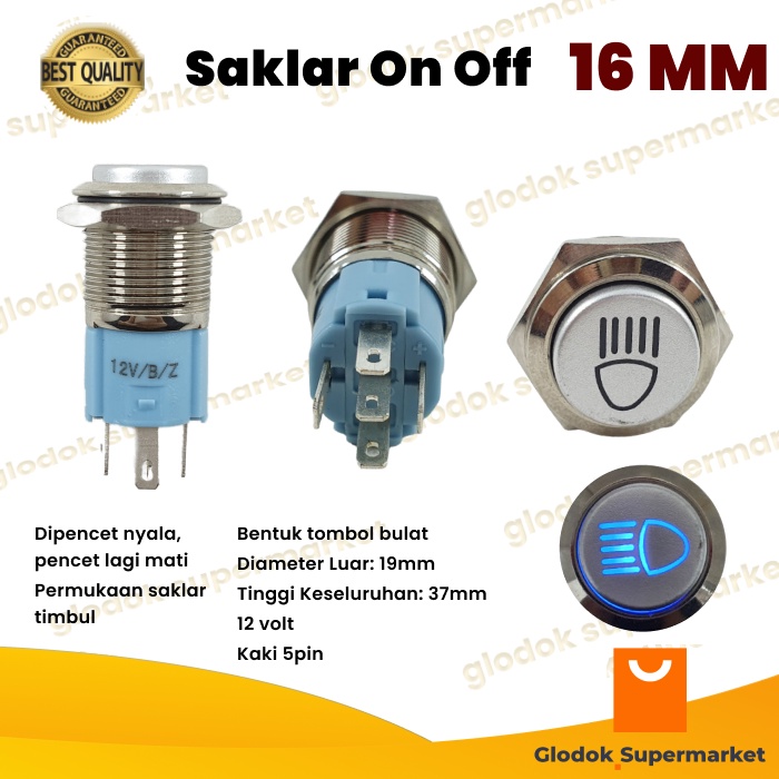 Switch Metal 16mm Push On Off 5 Pin Logo Lampu Saklar Stainless 16 mm LED Tombol Motor Self Locking 12v