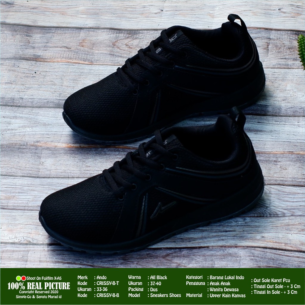 SEPATU ANAK BERTALI MODERN HITAM POLOS UNTUK SEKOLAH ANDO CRISSY - ZORA 33-36