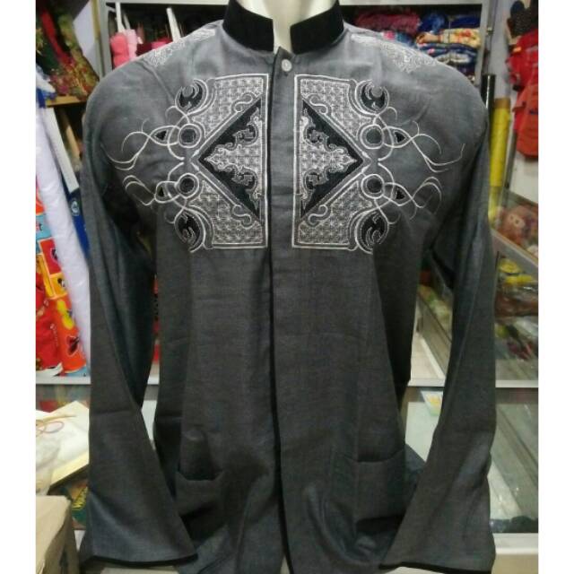 Baju taqwa muslim koko dewasa lengan panjang bordir bahan katun rami import