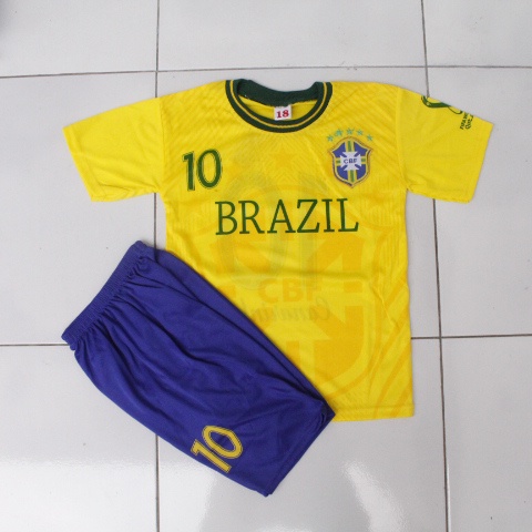 setelan bola anak brazil/setelan baju brazil usia 5-12thn bisa sablon nama