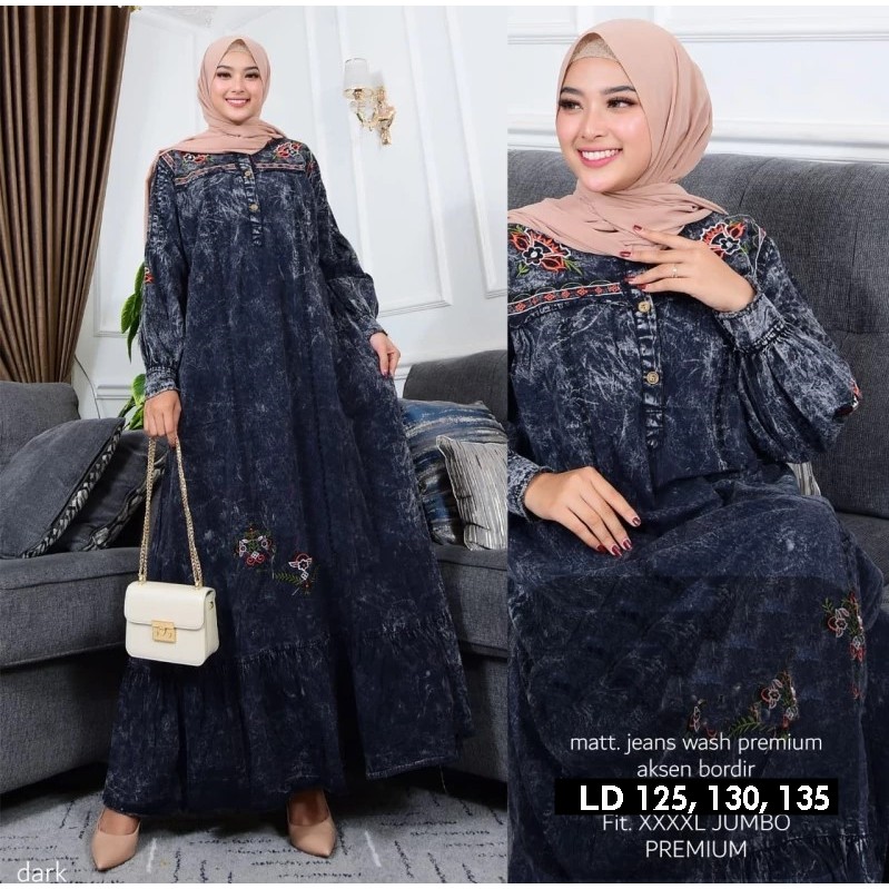 Baju Wanita Maxi Dress Dres Gamis Denim Jeans Levis Jumbo ld 125 130 135 Big Size XXL XXXL 3XL - 6XL