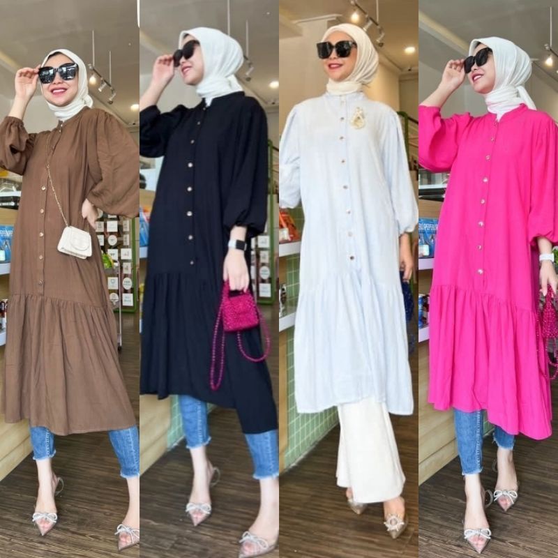 LONG TUNIK POLOS PAKAIAN MUSLIM ATASAN LENGAN BALON PANJANG CRINKLE