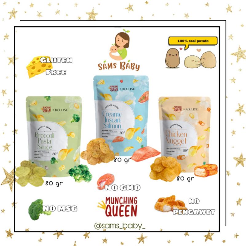 

MUNCHING QUEEN Potato Chips 90gr / Keripik Kentang / Kerupuk Kentang / Potato Chips Creamy Tuscan Salmon / Potato Chips Chicken Nugget / Potato Chips Broccoli Pasta Sauce 90gr / Keripik Munching Queen