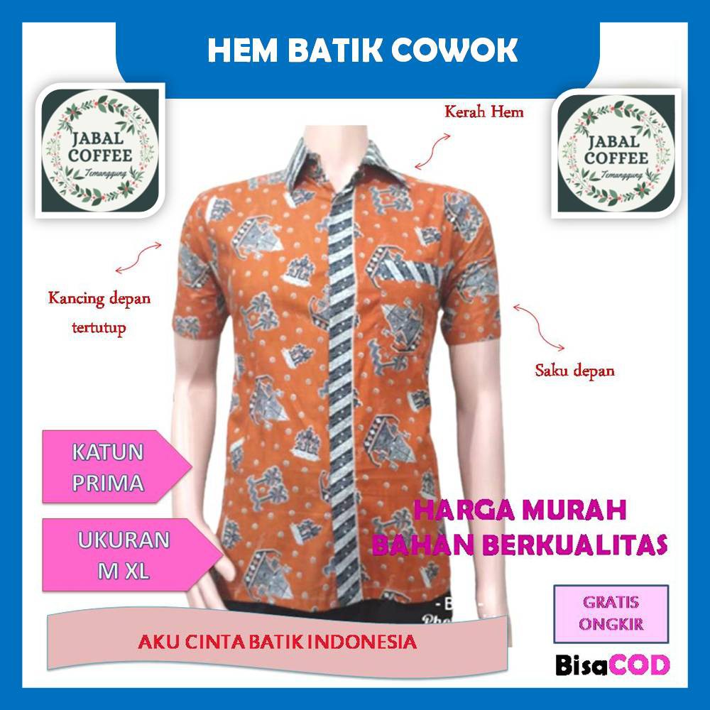 Atasan Batik Pria Dewasa M L XL XXL /Atasan Pendek Kemeja Hem Batik Pekalongan Katun Prima J17