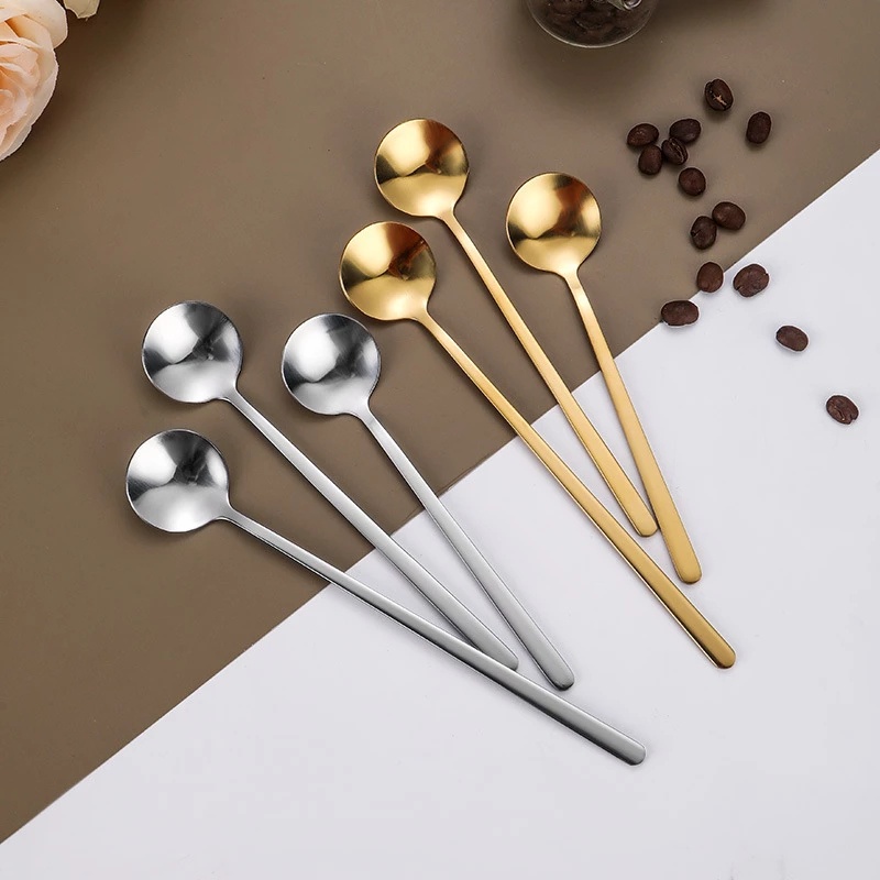 Dinner Dessert Spoon Coffee Stirring Scoop Stainless Steel Sendok Bulat Kecil Dengan Gagang Panjang High Quality Dinner Dinnerware