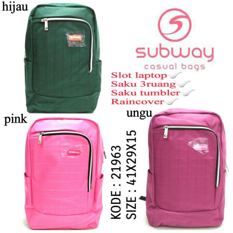 TERBARU TAS RANSEL SEKOLAH ANAK PEREMPUAN SUBWAY 21963 3 Warna HIJAU PINK UNGU ADA RAINCOVER