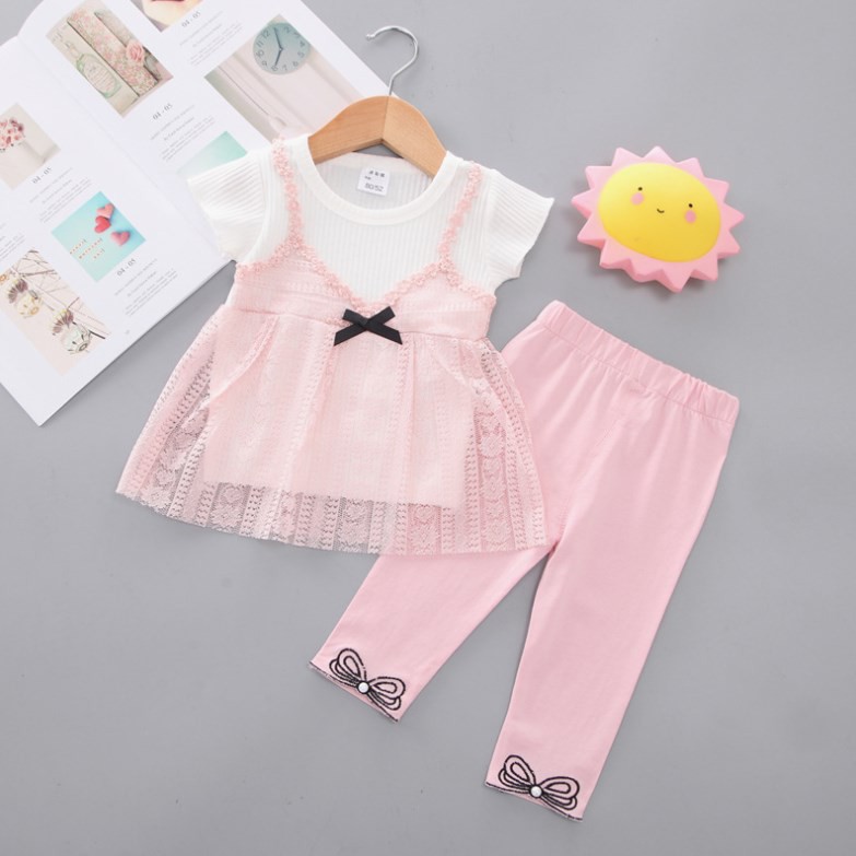 acadia.kids [COD] Setelan Anak Perempuan JAMIE Kaos Lengan Pendek Luaran Renda dan Legging Panjang Import terbaru termurah bestseller bestselling berenda rajut favorit musim panas casual sehari-hari baju anak lucu summer dropshipper dropship reseller-PUTIH PINK
