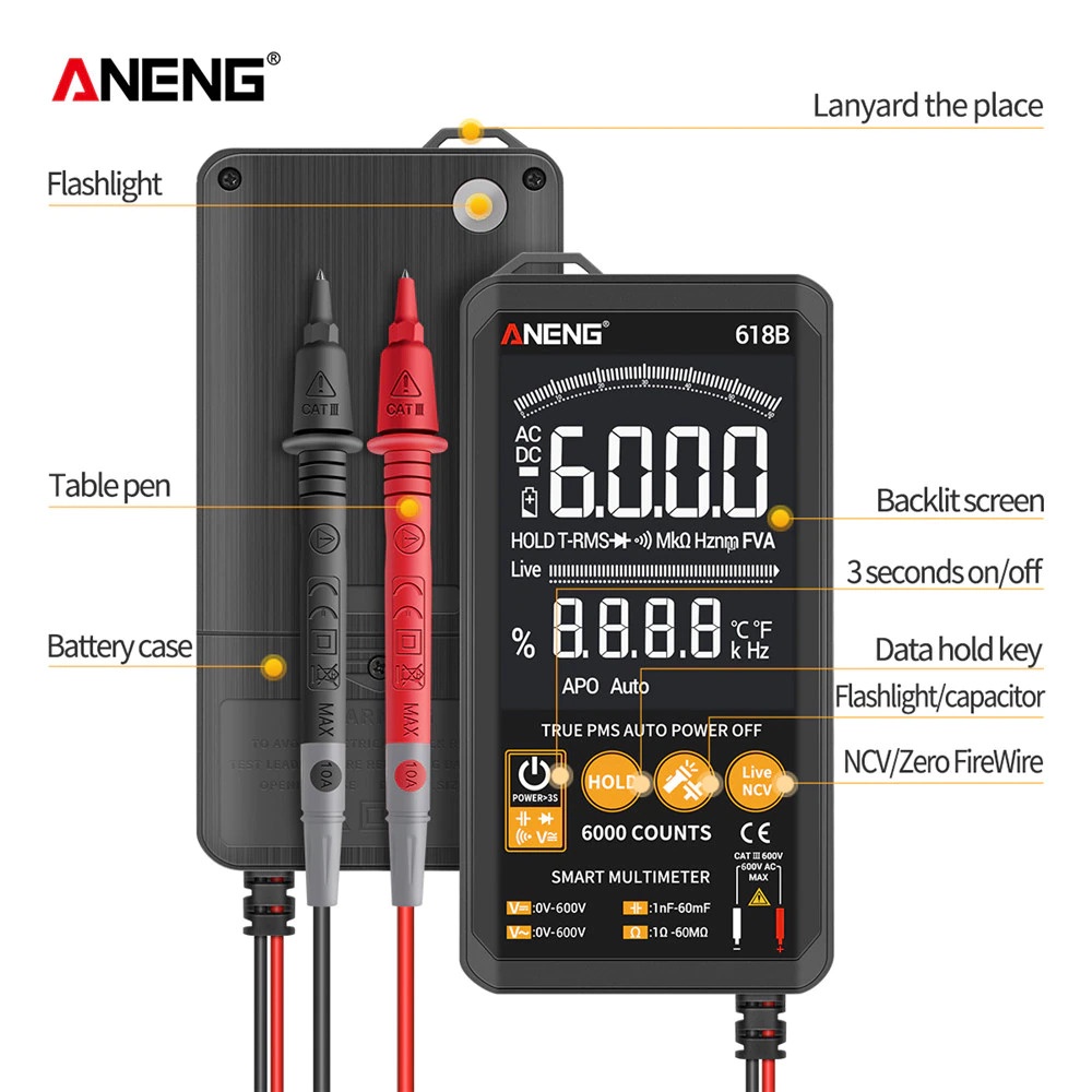 ANENG Digital Multimeter Voltage Tester - 618B - Black