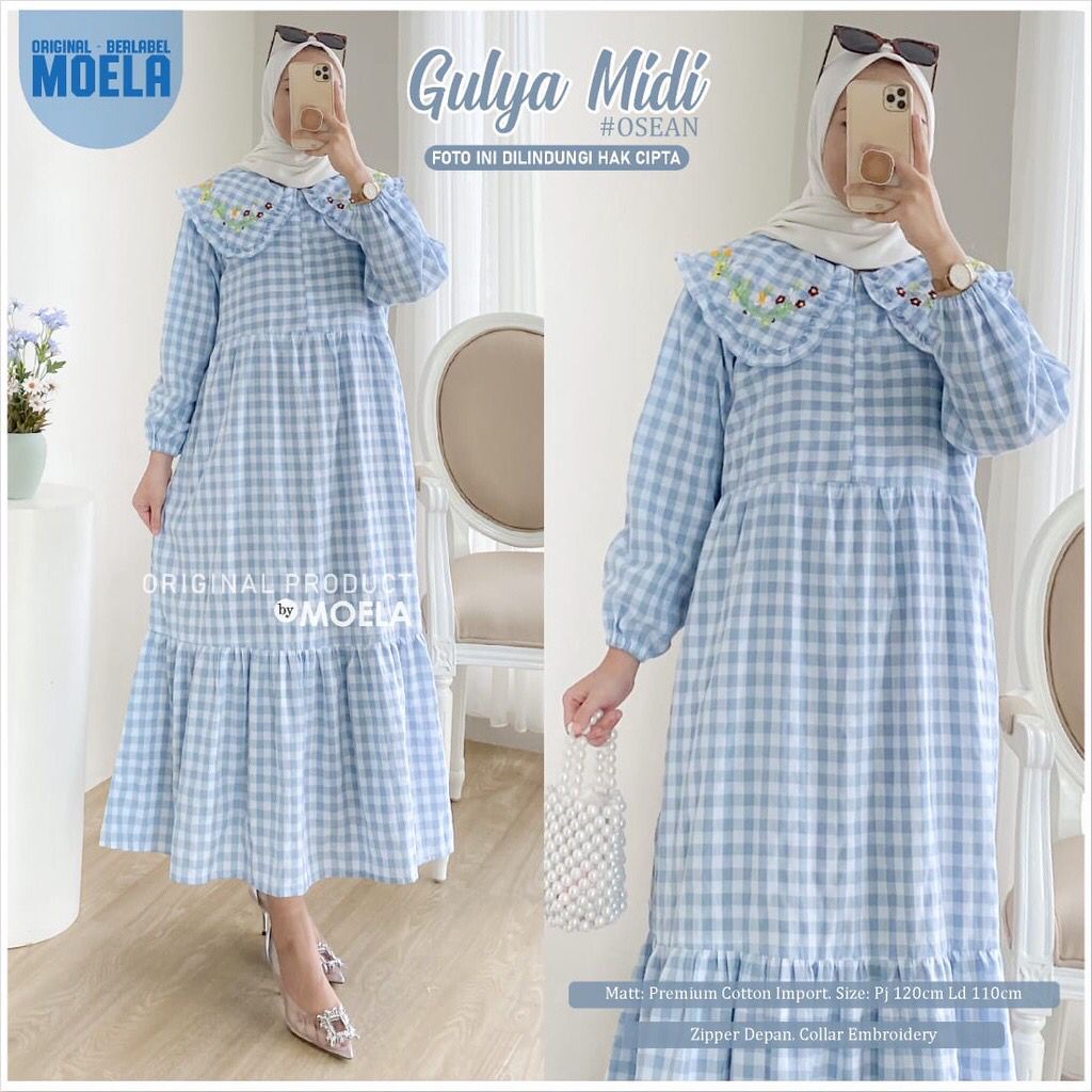 ORIGINAL MOELA GULYA MIDI ld 110cm premium cotton import berkerah bordir MUSLIM kotak-kotak zipper d