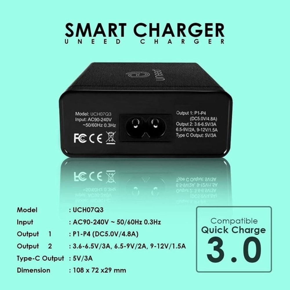 UNEED Smart Travel Charger 6 Port Qualcomm Quick Charge 3.0 - UCH07Q3 - Hitam