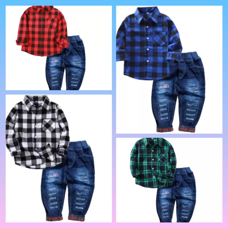 Kemaja Set | Setelan Kemeja Flanel Anak Laki-Laki 1-7 Tahun/Setelan Anak Kemeja Flanel Bawahan Jeans Denim Termurah