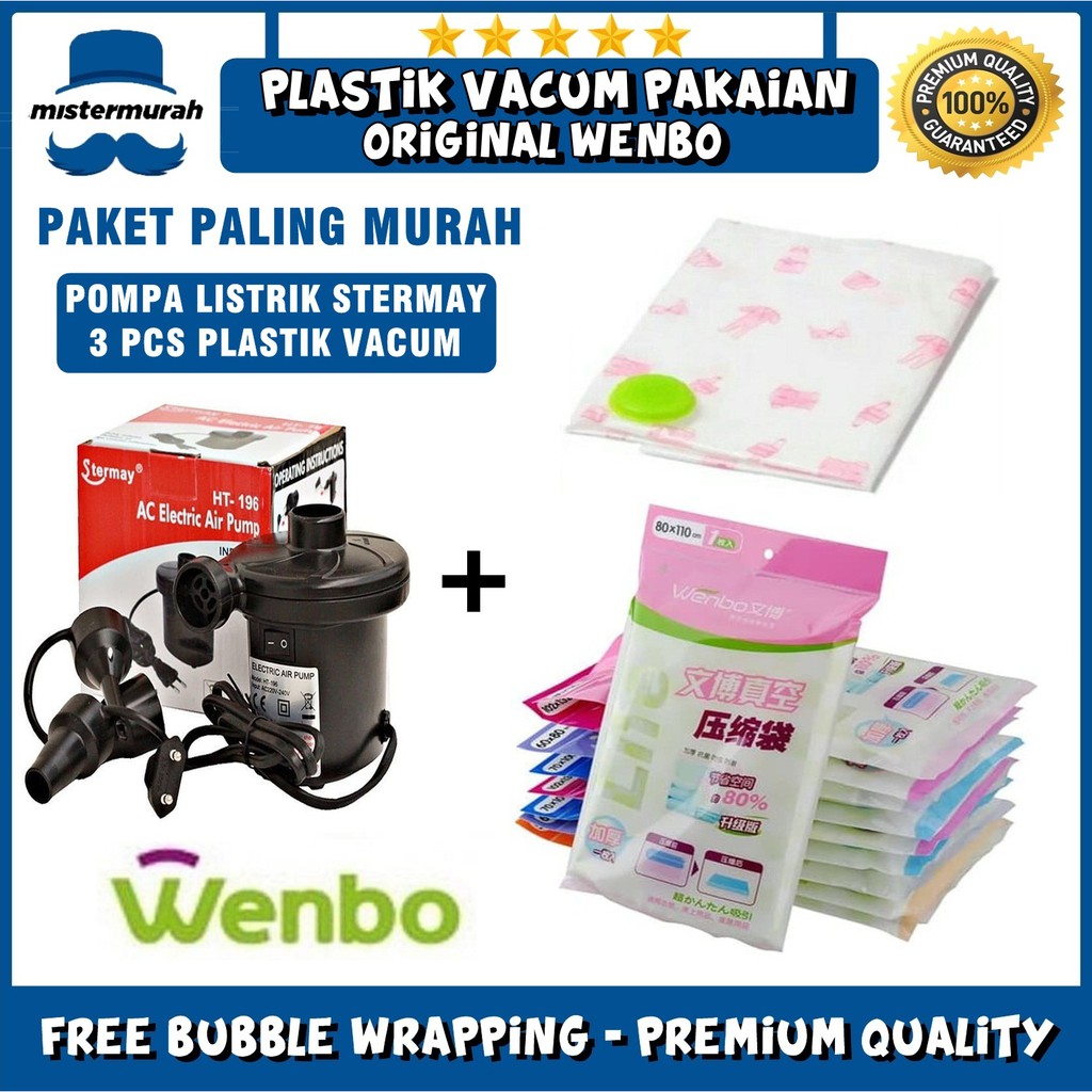 Paket - Vacum Bag Wenbo Plus Pompa Listrik Elektrik Plastik Vakum Vacuum Pakaian Baju Kompress