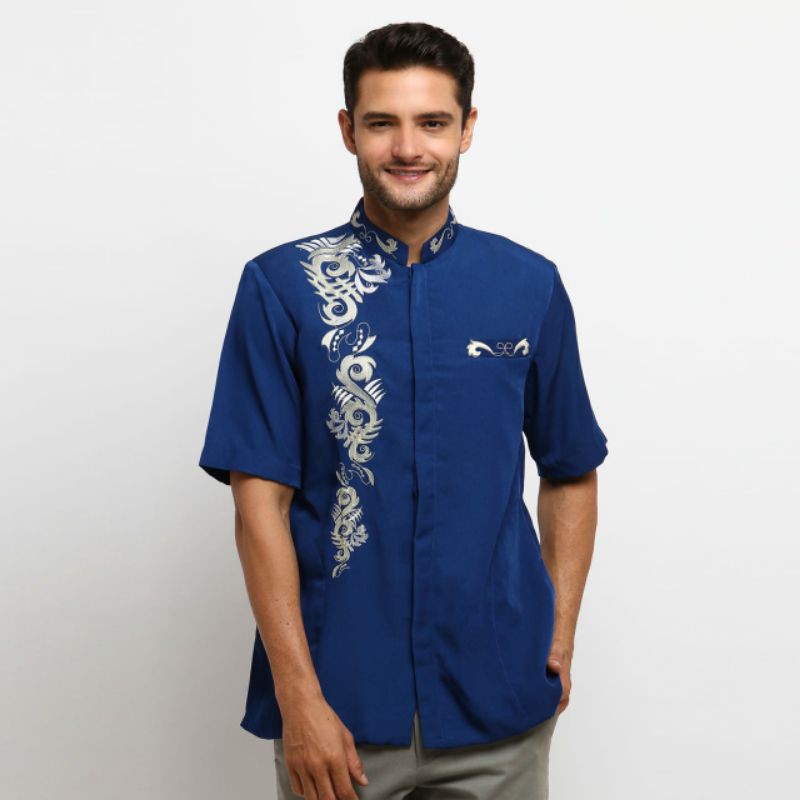 Jual Baju Koko Jasko Jas Koko Muslim Pria Dewasa Lengan Pendek Biru Bordir Baru Murah Al Muttaqin