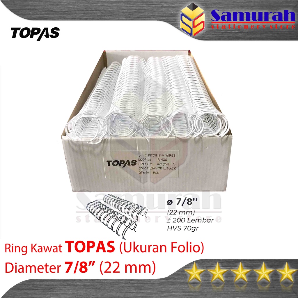 

Ring Binder Kawat Topas Ukuran Folio 7/8" Diameter 22,0 mm / 26 Wire Ring Binding 2 : 1 isi 50 Batang / 26 Lubang