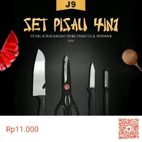 Cod - J9 - Set Pisau Dapur Hitam 4pcs In 1 Chef Knife Gunting Peeler Pisau Buah - Pisau Masak Import