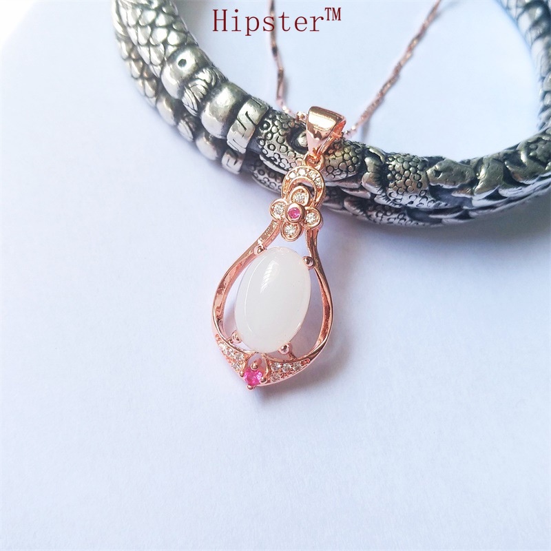 Fashion Classic Hot Sale 18K Rose Gold Full Diamond Pink Jade Pendant Elegant Necklace