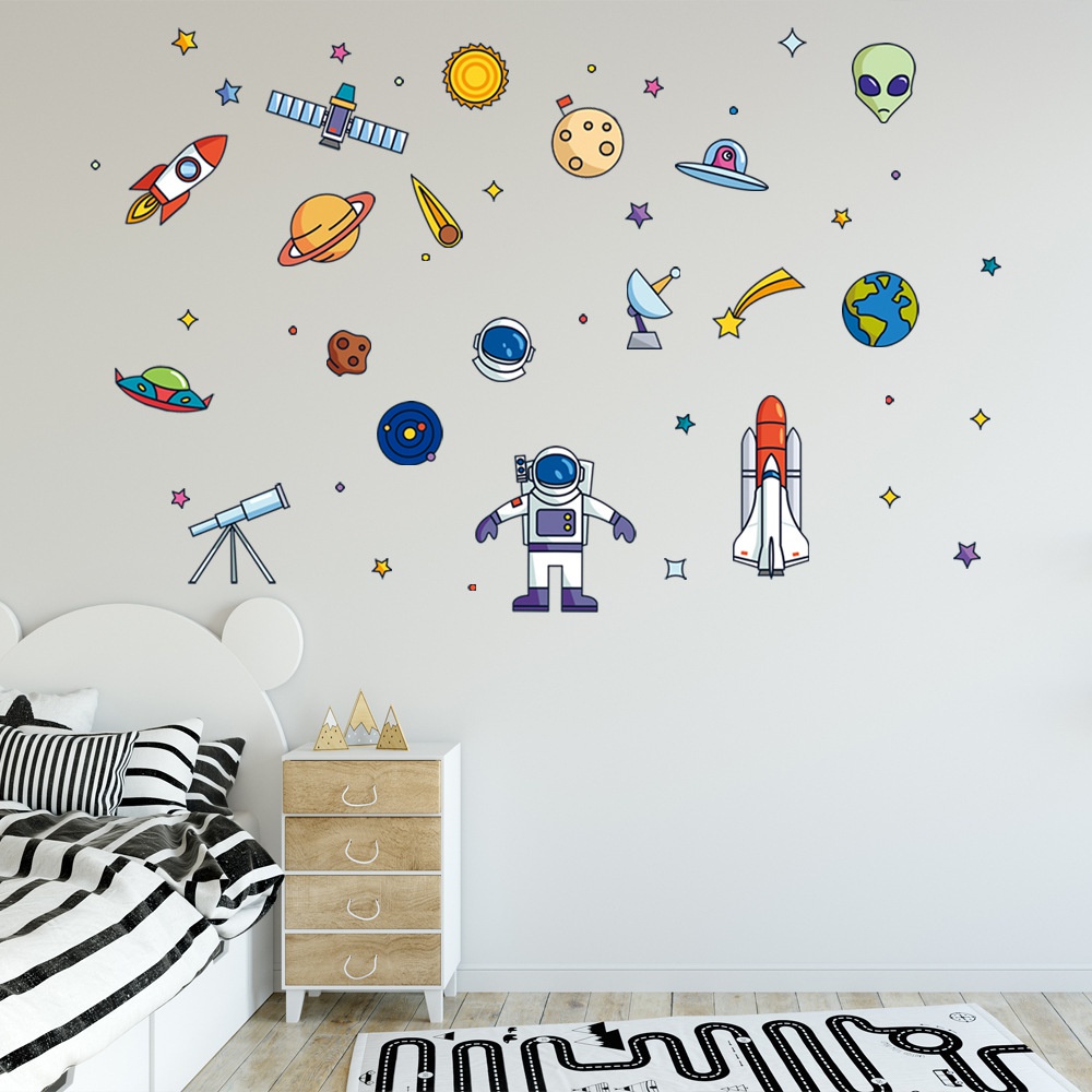 Wallpaper Desain Kartun Space Rocket Alien Untuk Kamar Anak