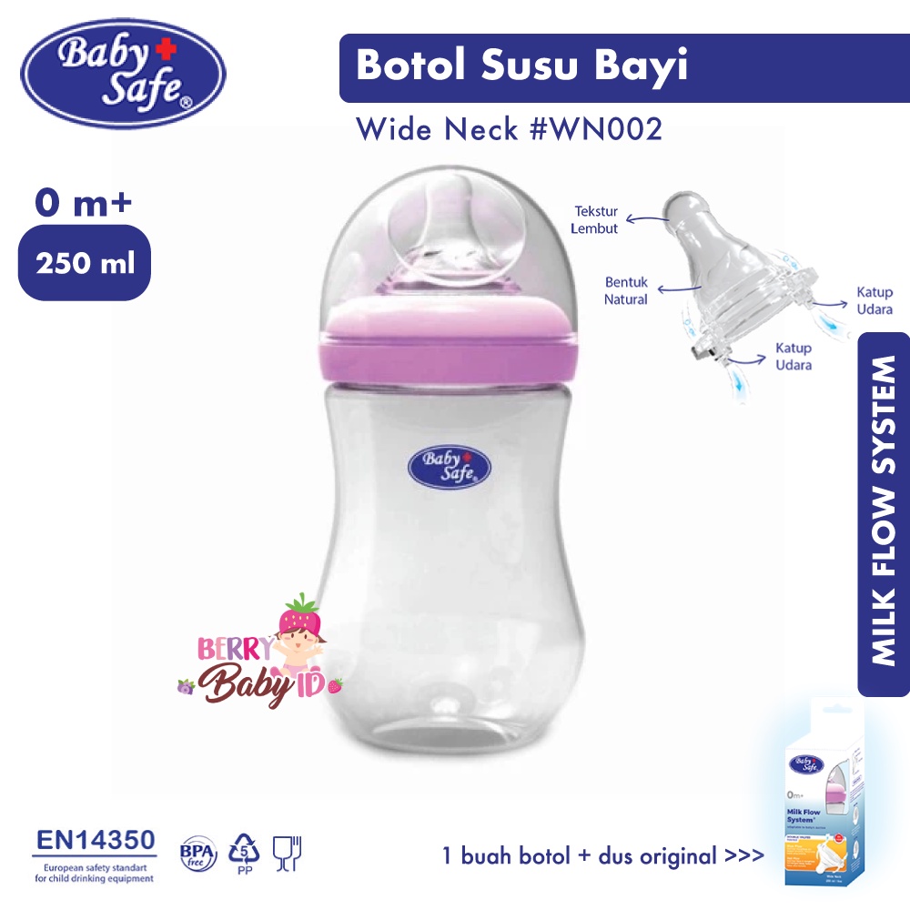 Baby Safe Botol Susu Bayi 250 Ml Wide Neck Baby Bottle WN002 BBS073 Berry Mart