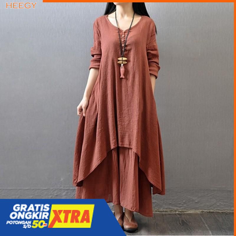 Dress Casual Maxi Longgar Oversize dan Bahan Linen Bergaya Fashionable Gaya Wanita Korea