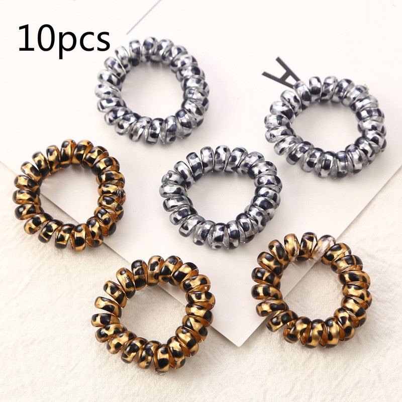 10pcs Ikat Rambut Elastis Bentuk Spiral Motif Leopard Untuk Wanita