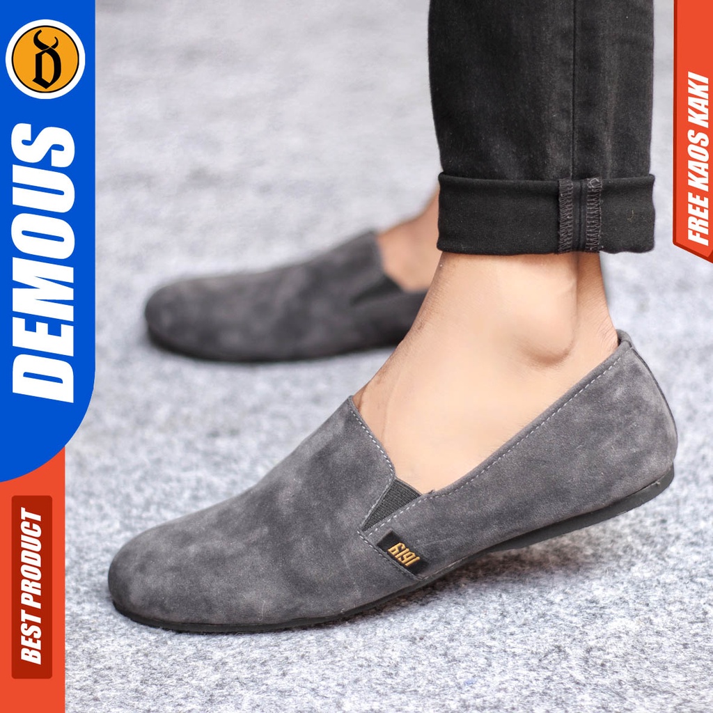 Demous Cord Sepatu Slip On Pria Casual Formal Kulit Suede Kerja Santai Hitam Polos