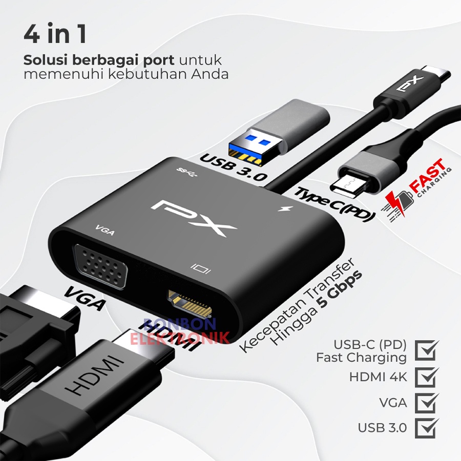 PX UCH14B Type C 3.1 to HDMI VGA USB Hub Converter Adaptor 4 in 1 4K