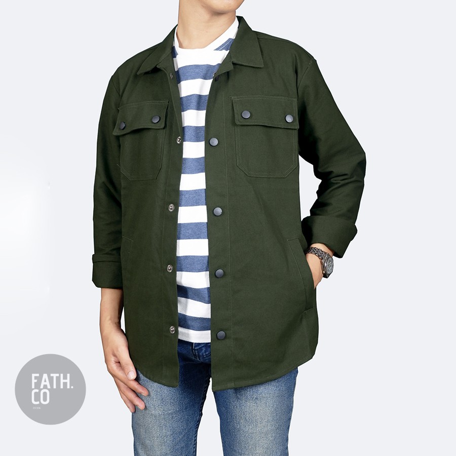 “HOOVER” JAKET KANVAS SEMI PARKA / 2 POCKET PRESSBUTTON - Hijau Army