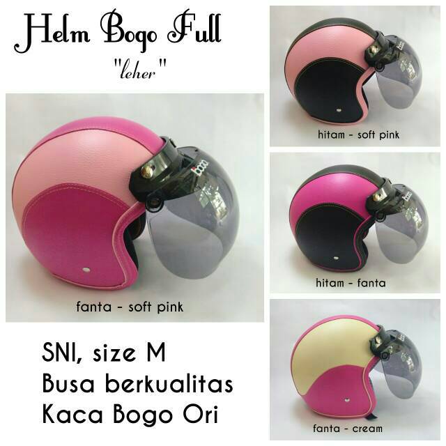 Helm Retro kulit Soft Pink Hitam model Fino Kaca Bogo Original