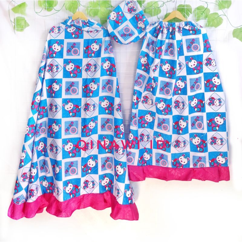 MUKENA ANAK PEREMPUAN  KATUN ADEM MOTIF KARTUN USIA 5 6 7 8 TAHUN size M L dan XL-BIRU KITTY