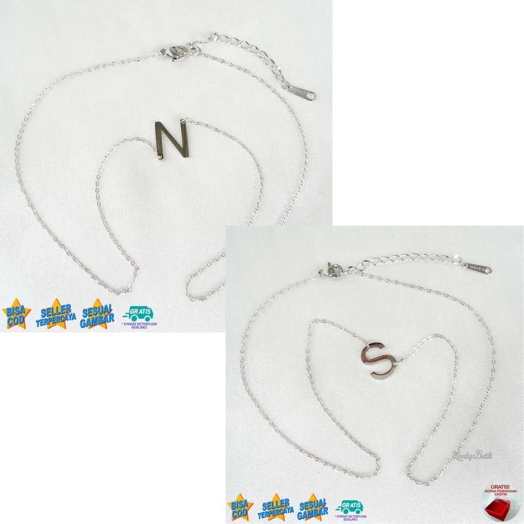 Lovelybutik Kalung Titanium Inisial Abjad L3tters Kalung Alfabet Huruf N,S Bahan Titanium Warna Silver Bonus Kotak Perhiasan