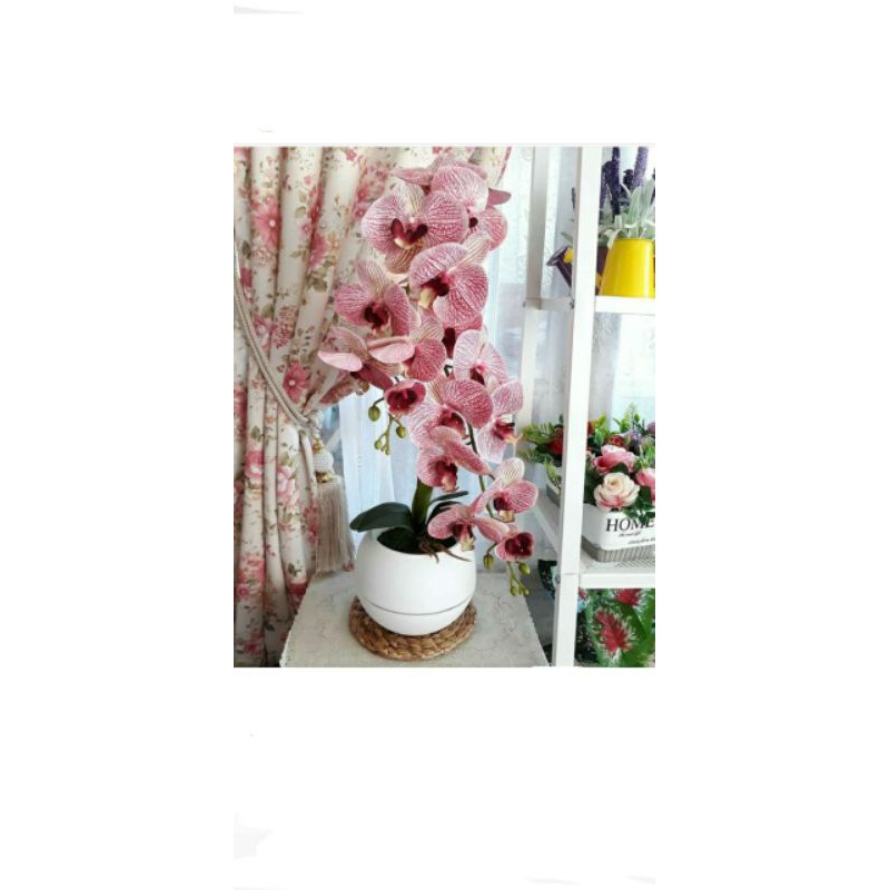 Rangkaian bunga artificial Anggrek latex jumbo premium dengan pot