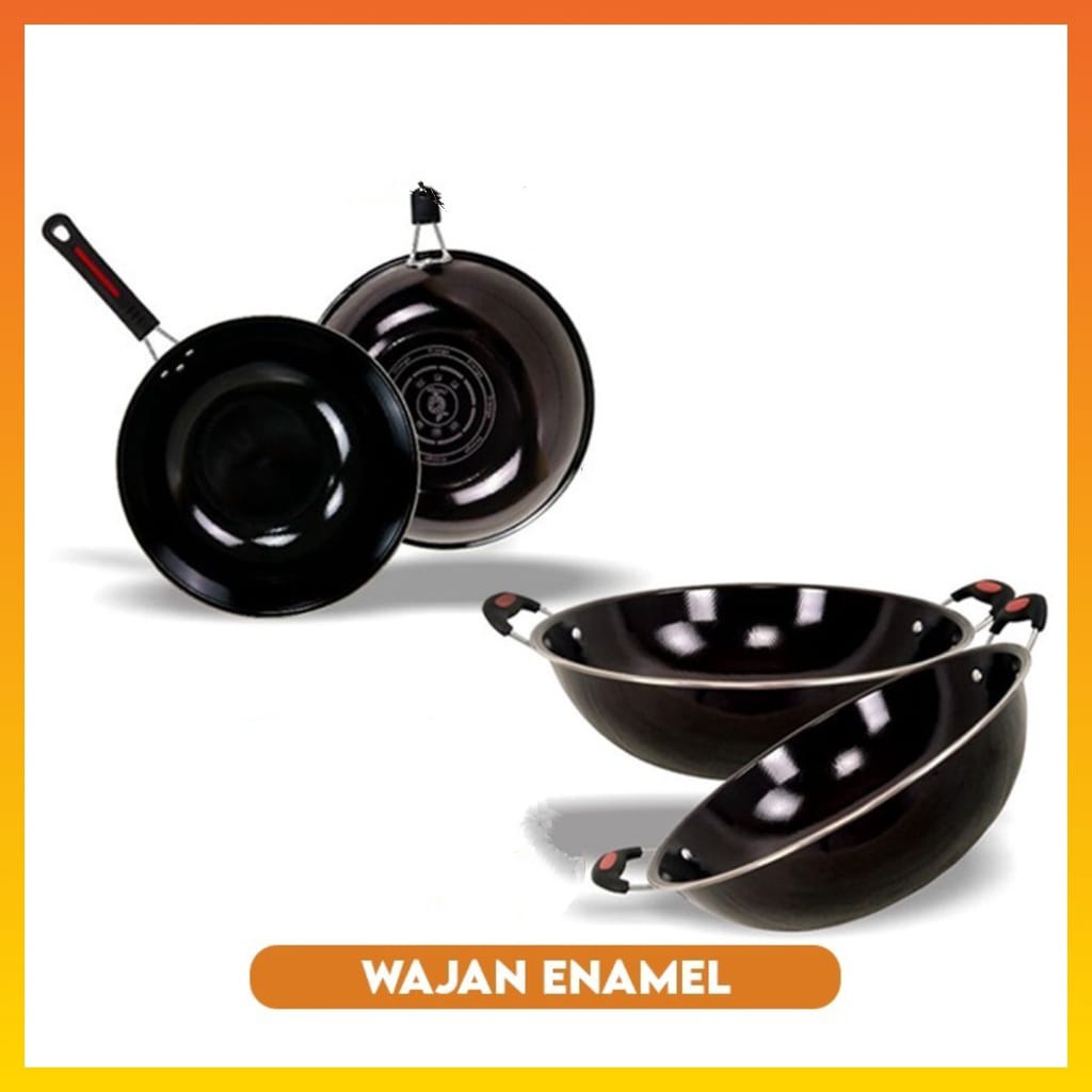 Wajan Hitam Enamel 32 cm Kuali Wajan / Wok Pan 32cm Gagang + Kuping