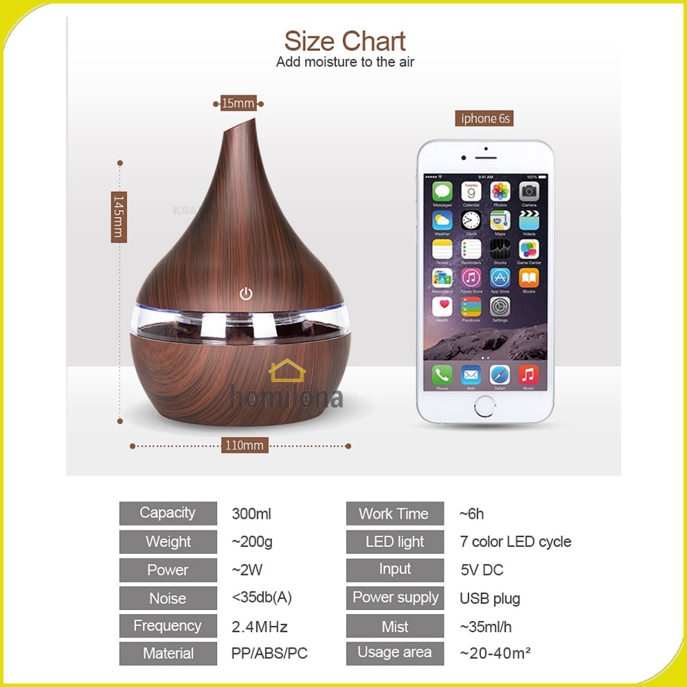 Humidifier Diffuser Aromaterapi LED 7 Color Koleksi Motif Kayu Wood Grain Pelembab Udara  Essential Oil Aromatherapy